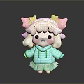 Cute Cartoon Character With Pink Yellow Ears White Curly Hair Blue Hoodie And Pink Skirt