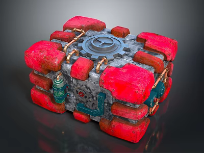 Red And Gray Mechanical Cube Decorative Household Item With Gear Accents 3d model