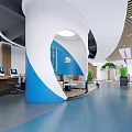 Modern Public Office Space With Wooden Elements Green Plants Curved Design And Blue Flooring