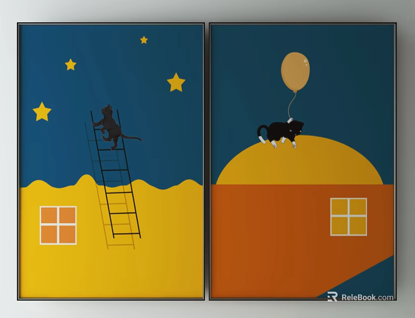 Two Art Paintings Featuring Mouse On Ladder Stars Balloon Cow And Windows 3d model