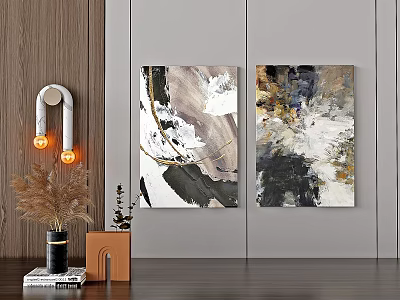 Abstract Black White Gold Oil Paintings Hanging on Modern Interior Wall 3d model