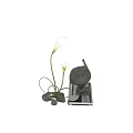 Elegant Ornamental Decor Set With White Flowers Green Stems And Peacock Figurine On Striped Base