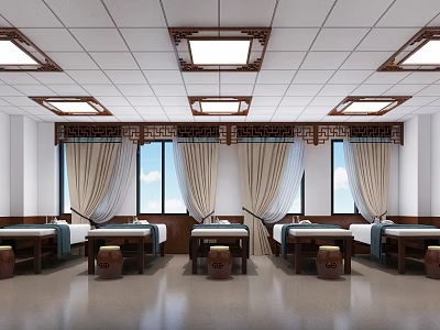 Hospital Outpatient Clinic Interior With Well Arranged Treatment Beds Windows Curtains And Chinese Ceiling Lights 3d model