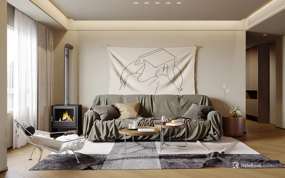 Modern Cozy Living Dining Room Interior With Sofa Fireplace Tapestry Coffee Table And Rug 3d model 