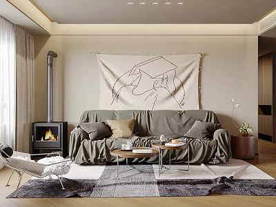 Modern Cozy Living Dining Room Interior With Sofa Fireplace Tapestry Coffee Table And Rug 3d model