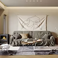 Modern Cozy Living Dining Room Interior With Sofa Fireplace Tapestry Coffee Table And Rug