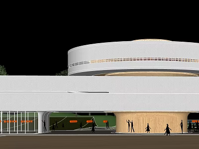 Modern Circular Building With White Exterior And Wooden Entrance Where People Walk 3d model