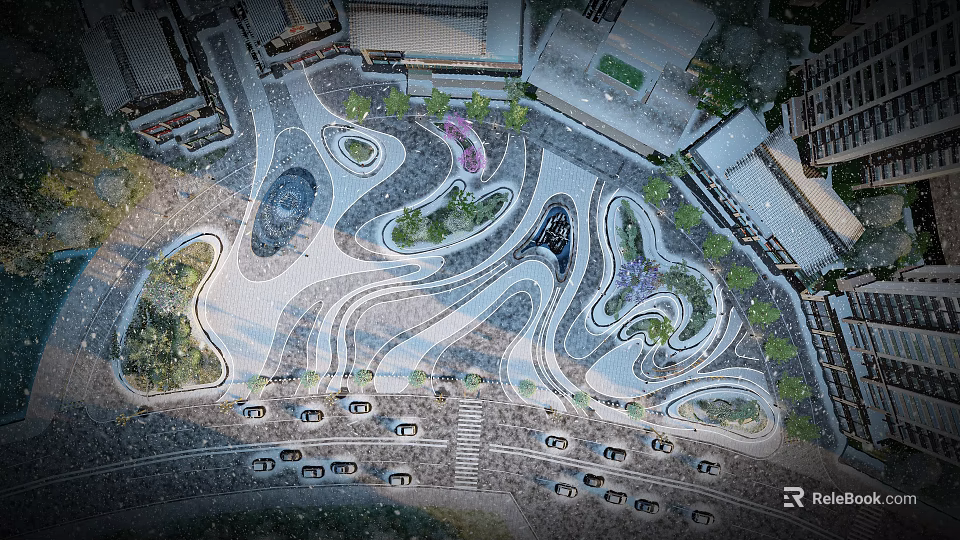 Modern Urban Square Landscape Design With Curved Paths Green Spaces And Parking Areas 3d model 