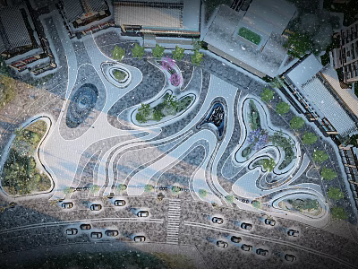Modern Urban Square Landscape Design With Curved Paths Green Spaces And Parking Areas 3d model