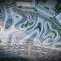 Modern Urban Square Landscape Design With Curved Paths Green Spaces And Parking Areas