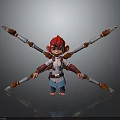 Four Armed Ape Like Creature in Decorative Warrior Attire Holding Weapons on Gray Background