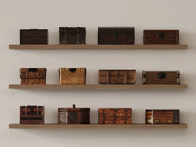 Vintage Wooden Chests Displayed On Three Wooden Shelves With Classic Design Details 3d model