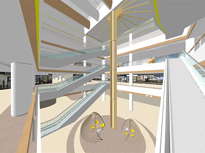 Modern Spacious Shopping Mall Atrium With Central Pillar Escalators Glass Railings And Surrounding Shops 3d model
