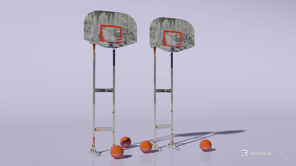 Outdoor Rustic Sports Equipment Pair of Standing Basketball Hoops With Orange Balls 3d model 