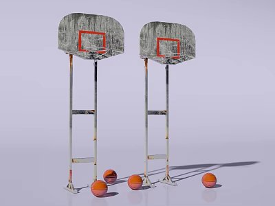 Outdoor Rustic Sports Equipment Pair of Standing Basketball Hoops With Orange Balls 3d model