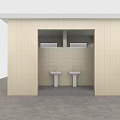 Public Restroom Interior With Men Women Signs Two Washbasins Tile Walls And Concrete Floor