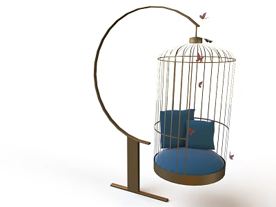 Unique Birdcage Shaped Hanging Chair With Blue Cushions And Flying Birds 3d model