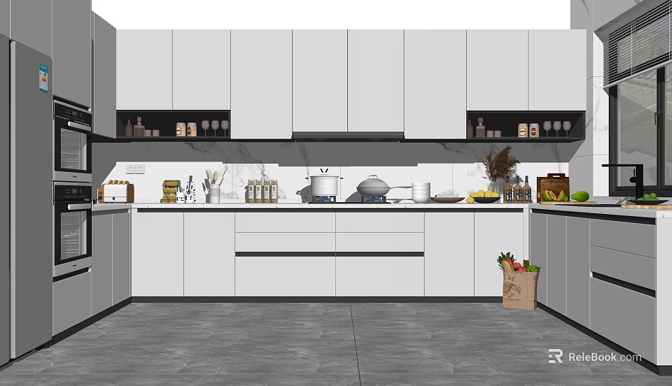 Modern Kitchen Interior Design With White Cabinets And Sleek Countertop 3d model