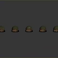 Military Weapons Gear Featuring Multiple Green Helmets With Orange Edges And White Emblems 3d model