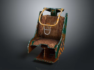Old Industrial Vehicle Seat With Rusted Metal Frame Brown Worn Upholstery And Green Yellow Stripes 3d model