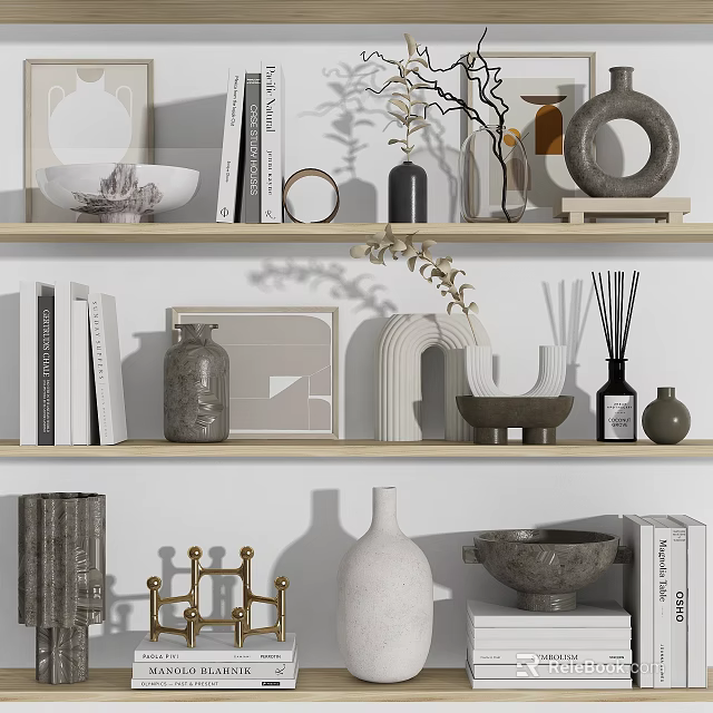 Modern Decorative Ornament Combination With Shelf Display Ceramic Vases Metallic Accents Books And Greenery 3d model 