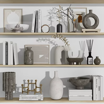 Modern Decorative Ornament Combination With Shelf Display Ceramic Vases Metallic Accents Books And Greenery 3d model
