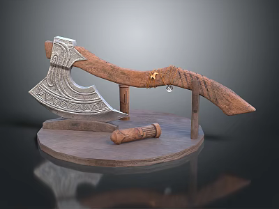 Decorative Axe Display With Intricate Metal Head Wooden Handle On Round Base And Scroll 3d model