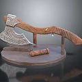Decorative Axe Display With Intricate Metal Head Wooden Handle On Round Base And Scroll