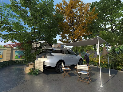 Garden Landscape With Green Trees Yellow Leaf Tree White Sunshade Rattan Chairs And Open SUV 3d model