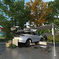 Garden Landscape With Green Trees Yellow Leaf Tree White Sunshade Rattan Chairs And Open SUV