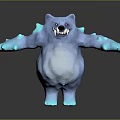 Blue Furry Game Movie Character With Sharp Teeth Spikes And Outstretched Arms Cartoon Fantasy Style