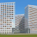 Modern High Rise Building With Glass Facade Green Lawn And Paved Road