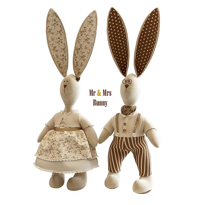 Mr and Mrs Bunny Stuffed Dolls With Floral Dress Striped Pants and Polka Dot Ears 3d model