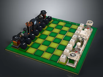 Electronic Mechanical Chess Set With Green Checkerboard And Detailed Pieces 3d model