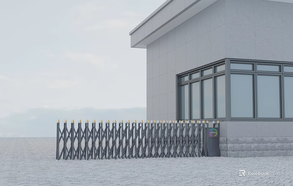 Retractable Entrance Gate for Modern Gray Building with Golden Top and Glass Windows 3d model 