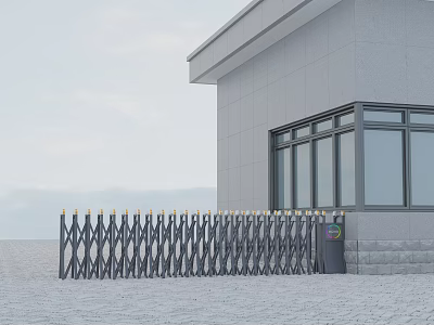 Retractable Entrance Gate for Modern Gray Building with Golden Top and Glass Windows 3d model