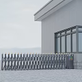 Retractable Entrance Gate for Modern Gray Building with Golden Top and Glass Windows