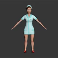 Woman Nurse 3D Model Standing in Blue Uniform with Red Shoes on Gray Background