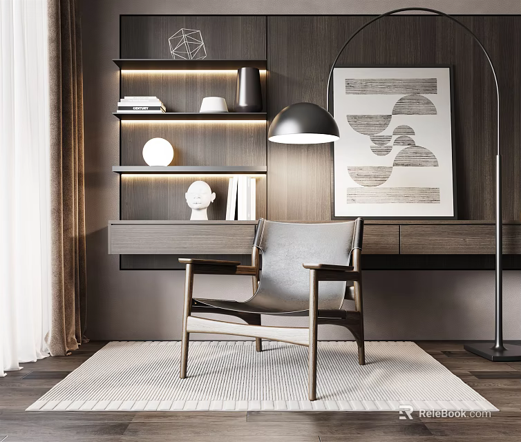 Modern Leisure Chair In Stylish Living Room With Wooden Shelves Abstract Art And Soft Rug 3d model 
