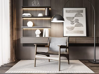 Modern Leisure Chair In Stylish Living Room With Wooden Shelves Abstract Art And Soft Rug 3d model