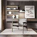 Modern Leisure Chair In Stylish Living Room With Wooden Shelves Abstract Art And Soft Rug