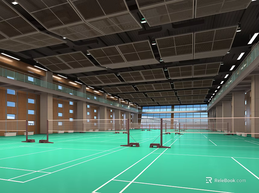 Spacious Indoor Badminton Court With Green Flooring Multiple Nets For Sports Fitness 3d model 
