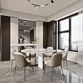 Modern Restaurant Interior With White Marble Dining Table Beige Chairs Large Windows And Pendant Lights