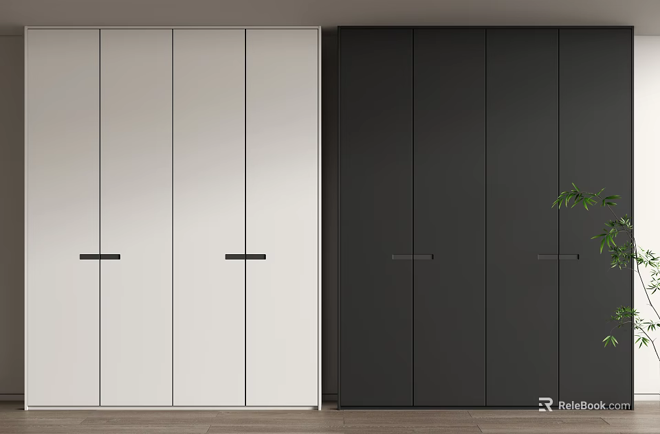 Modern White and Black Wardrobe Interior Design with Panel Doors and Black Handles 3d model 