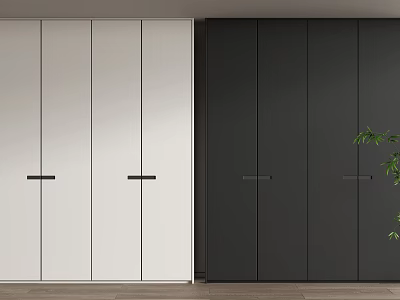 Modern White and Black Wardrobe Interior Design with Panel Doors and Black Handles 3d model