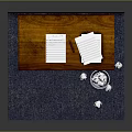 Scene With Brick Wall Wooden Desk Papers Pen Trash Can Paper Balls And Blue Carpet