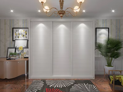 Elegant Modern Sliding Louvered Wardrobe Interior With Chandelier Decorative Paintings And Potted Plant Rug 3d model
