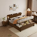 Modern Bedroom Interior with Wooden Double Bed Headboard Nightstand Table Lamp Decorative Paintings and Blinds