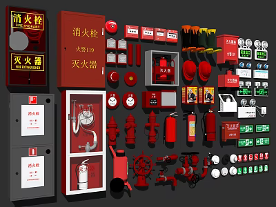 Essential Fire Fighting Equipment Collection Featuring Hydrants Extinguishers Hoses And Alarm Bells 3d model