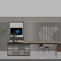 Modern Display Cabinet Shelf With Vertical Stripes And Potted Plant In Contemporary Interior